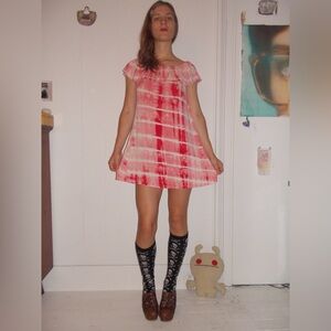 Red and White Tie-Dye Off-Shoulder Dress, Viamor